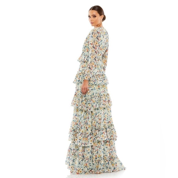 IEENA MAC DUGGAL Floral Printed Tiered Ruffle Long Sleeve gown 4 NWT - Picture 2 of 10